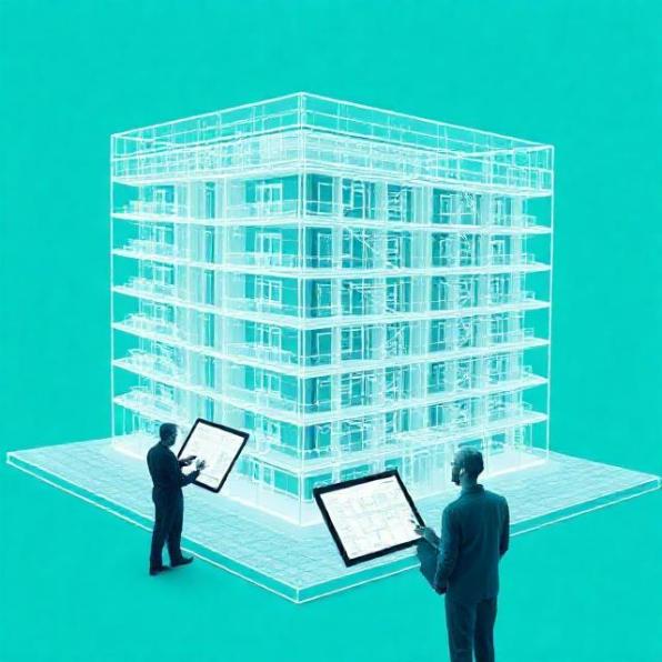 3D building model wireframe with architects reviewing tablets, overlays of dimensions, teal accents, high-resolution, no text, professional.