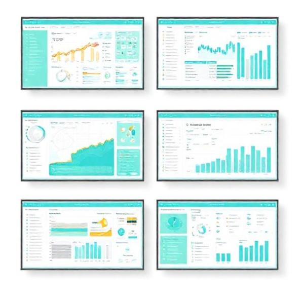 Illustration: modern construction software dashboards on multiple screens, clean flat-3D style, teal accents, minimal clutter, high-resolution, no text.