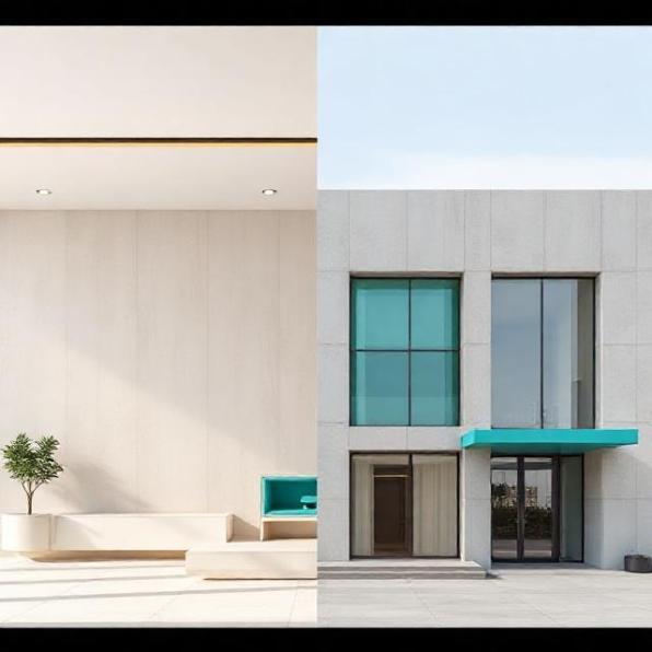 Split-scene: sleek modern interior and contemporary building facade concept, neutral palette with teal accent, architectural visualization, high-resolution, no text.