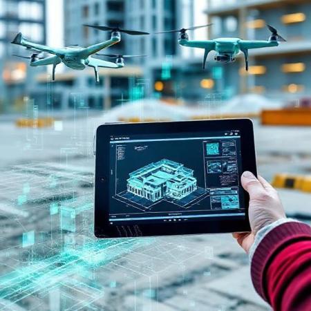 Digital construction workflow montage: tablet with BIM model on site, drones and laser scans abstract overlay, teal accents, high-resolution, no text.