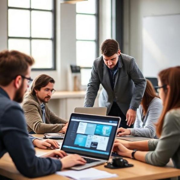 Professional training workshop: instructor guiding engineers at laptops with construction software UI, bright, inclusive, soft focus faces, high-resolution, no text.